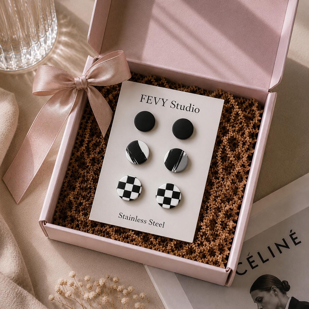 Black & White Stud Earring Set | 3 Pairs Polymer Clay Earrings | Checkerboard Earrings | Minimalist Studs | Lightweight Handmade Jewelry