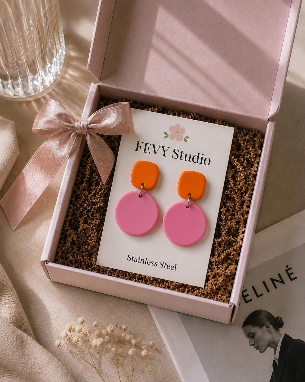 Pink Orange Statement Earrings | Color Block Polymer Clay Earrings | Modern Dangle Earrings | Lightweight Earrings | Stainless Steel Posts
