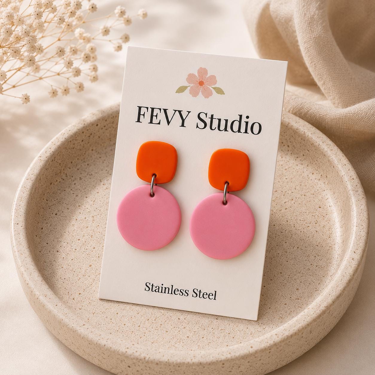 Pink Orange Statement Earrings | Color Block Polymer Clay Earrings | Modern Dangle Earrings | Lightweight Earrings | Stainless Steel Posts