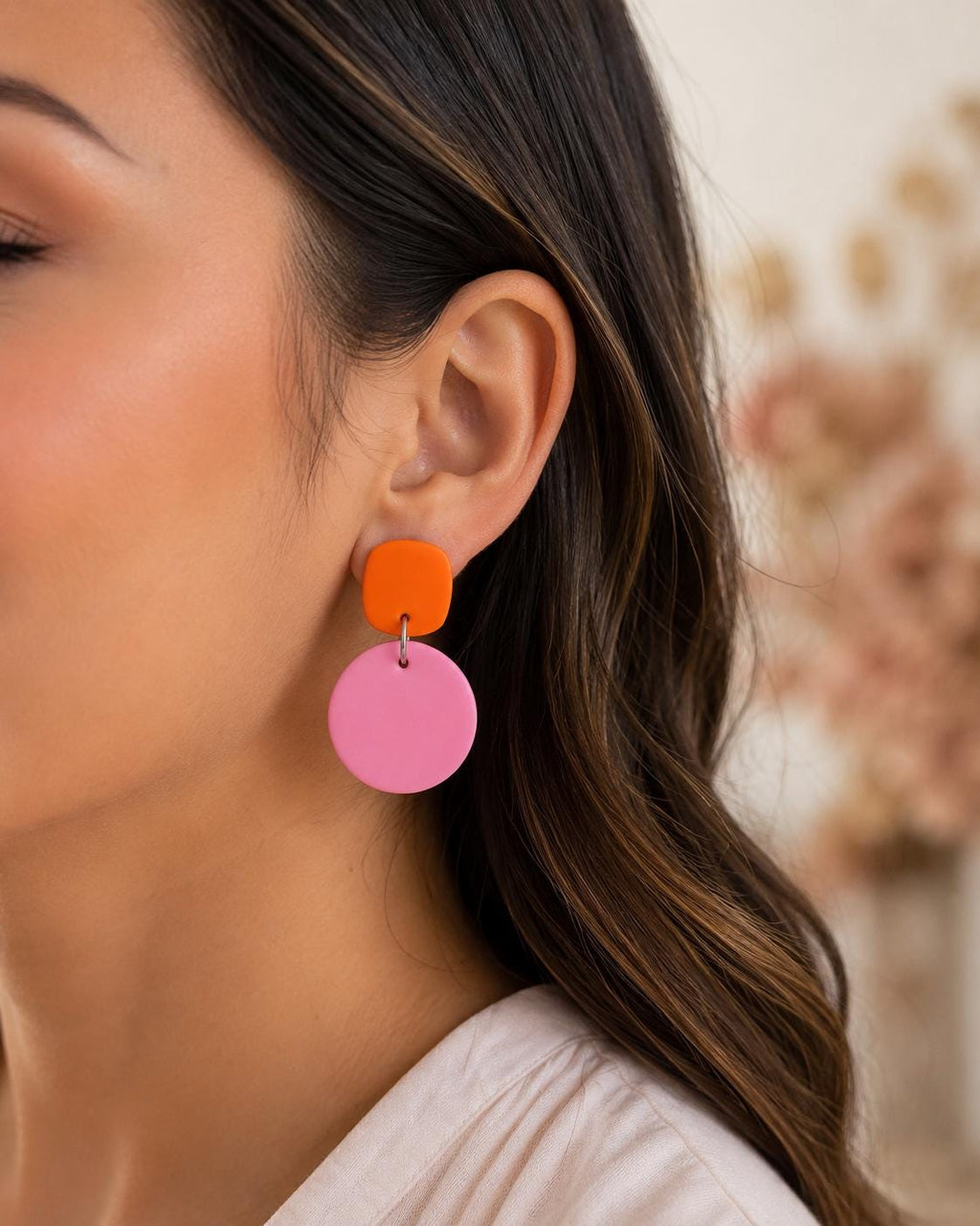 Pink Orange Statement Earrings | Color Block Polymer Clay Earrings | Modern Dangle Earrings | Lightweight Earrings | Stainless Steel Posts