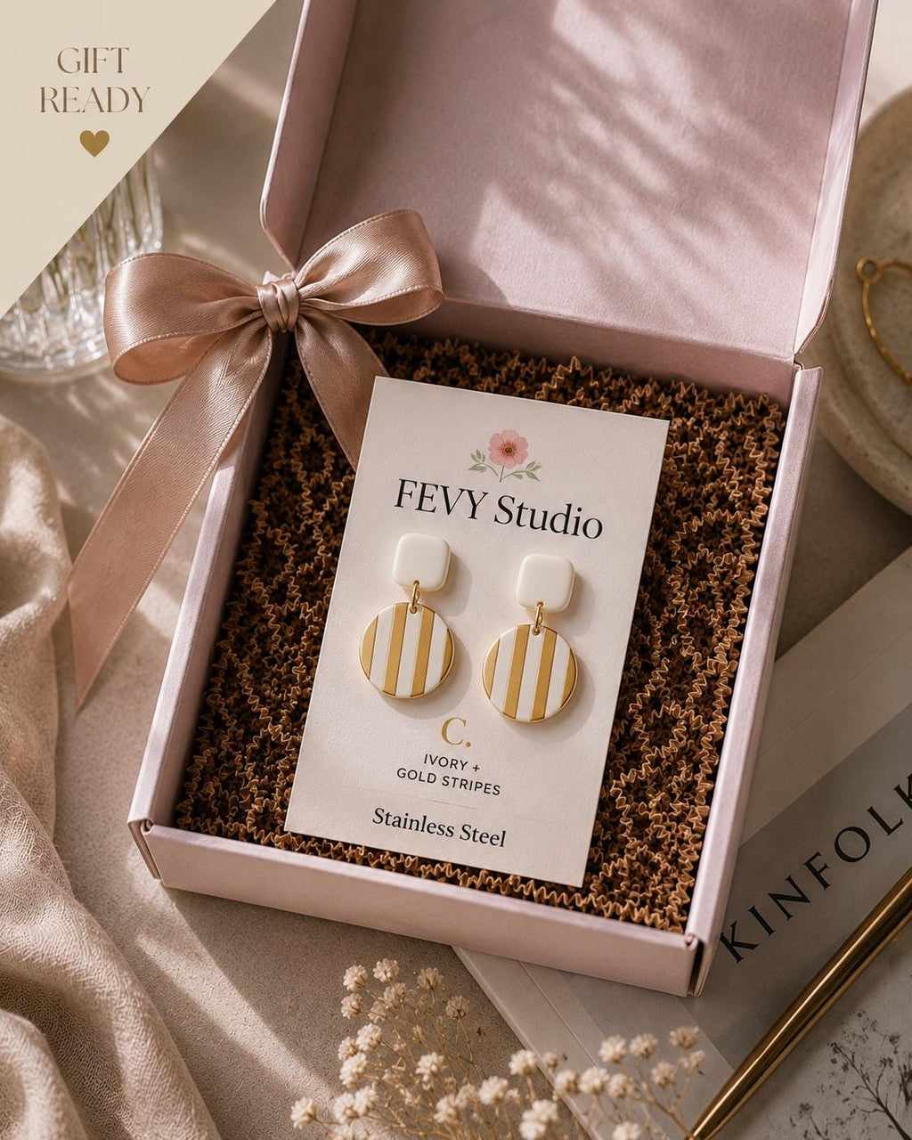 Handmade Ivory Gold Polymer Clay Dangle Earrings | Lightweight Boho Statement Jewelry