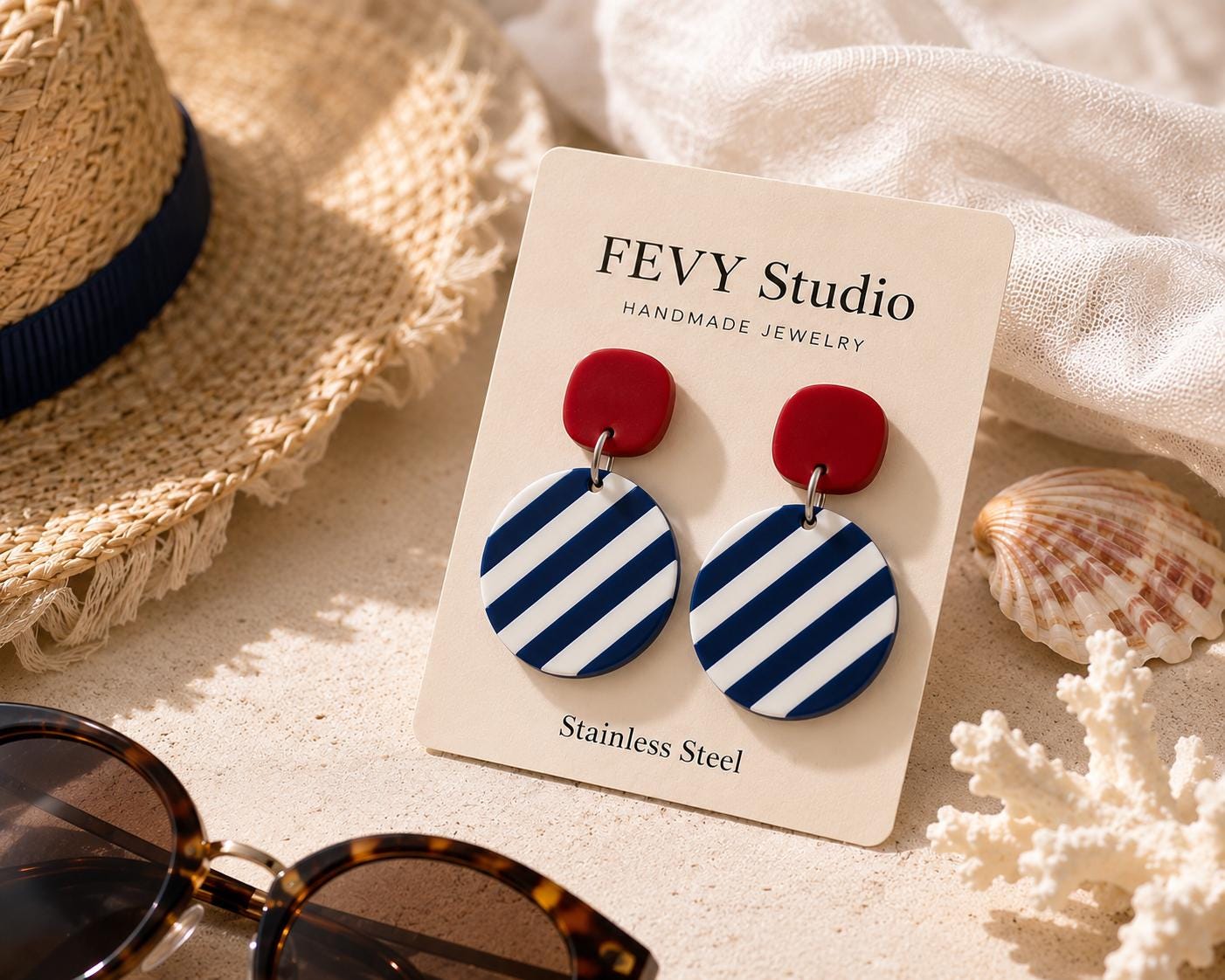 Summer Polymer Clay Earrings, Nautical Striped Earrings, Coastal Beach Jewelry, Lightweight Navy Blue White Dangles, Vacation Earrings