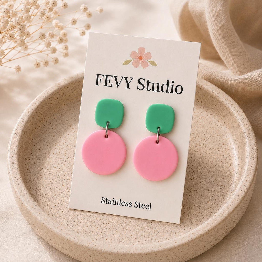 Pink & Mint Green Polymer Clay Earrings | Colorful Dangle Earrings | Lightweight Statement Earrings | Stainless Steel Posts