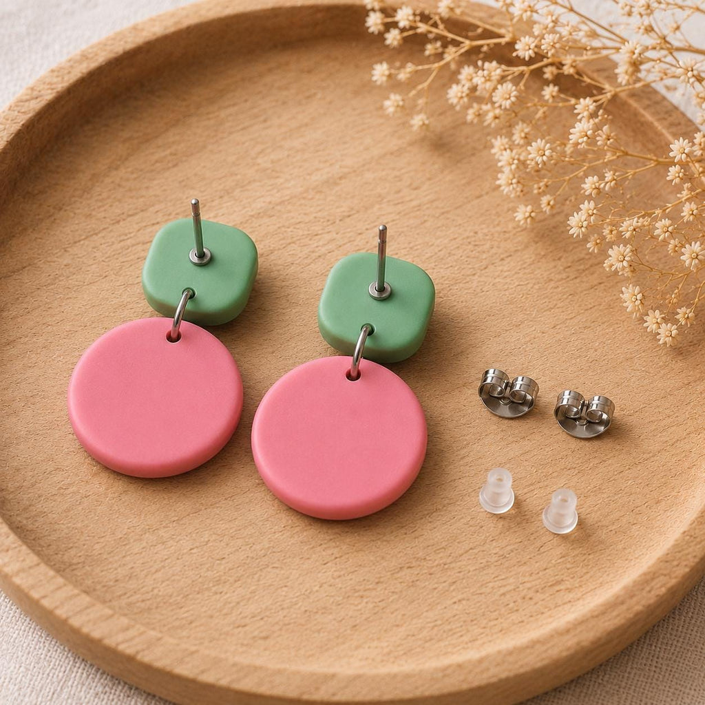 Pink & Mint Green Polymer Clay Earrings | Colorful Dangle Earrings | Lightweight Statement Earrings | Stainless Steel Posts