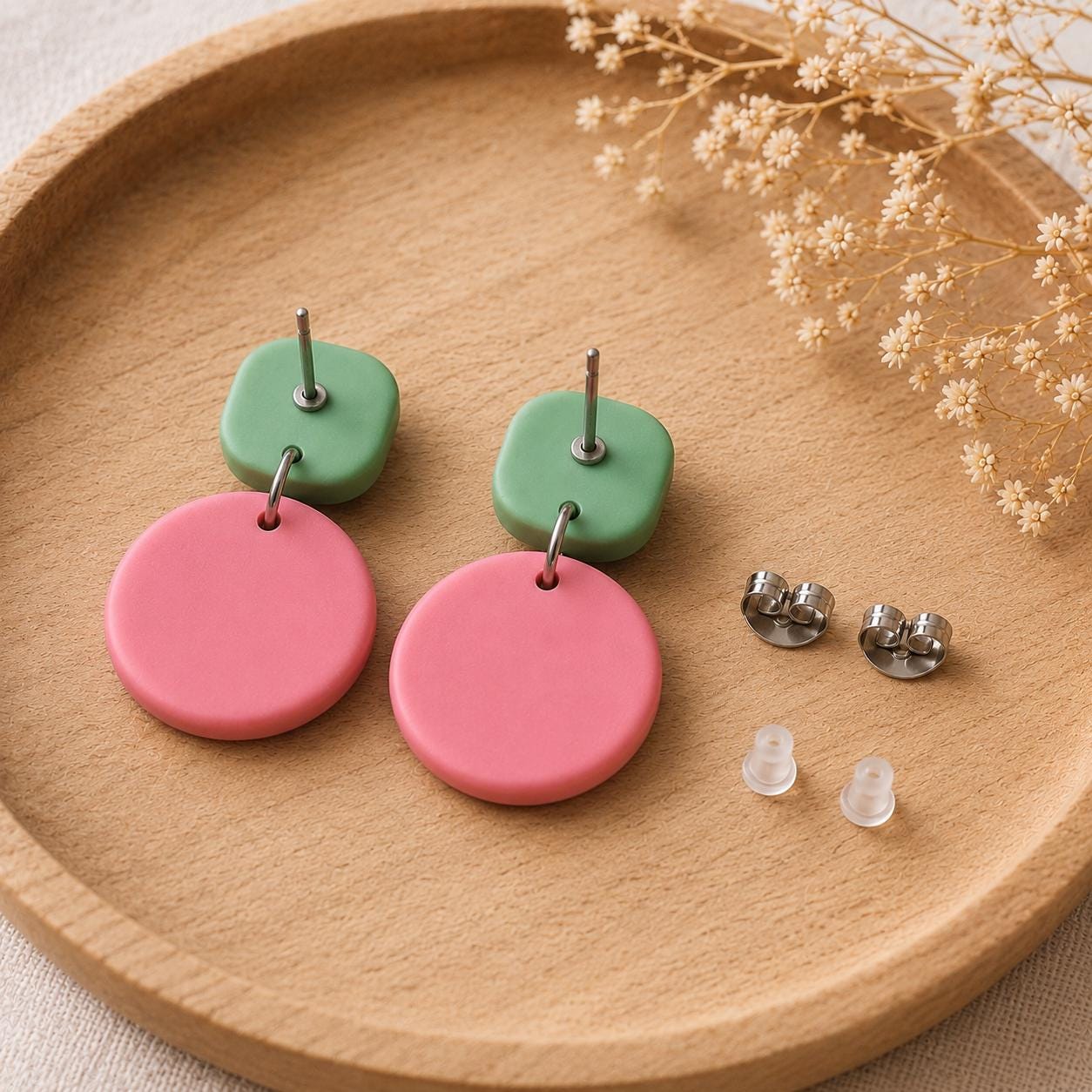 Pink & Mint Green Polymer Clay Earrings | Colorful Dangle Earrings | Lightweight Statement Earrings | Stainless Steel Posts