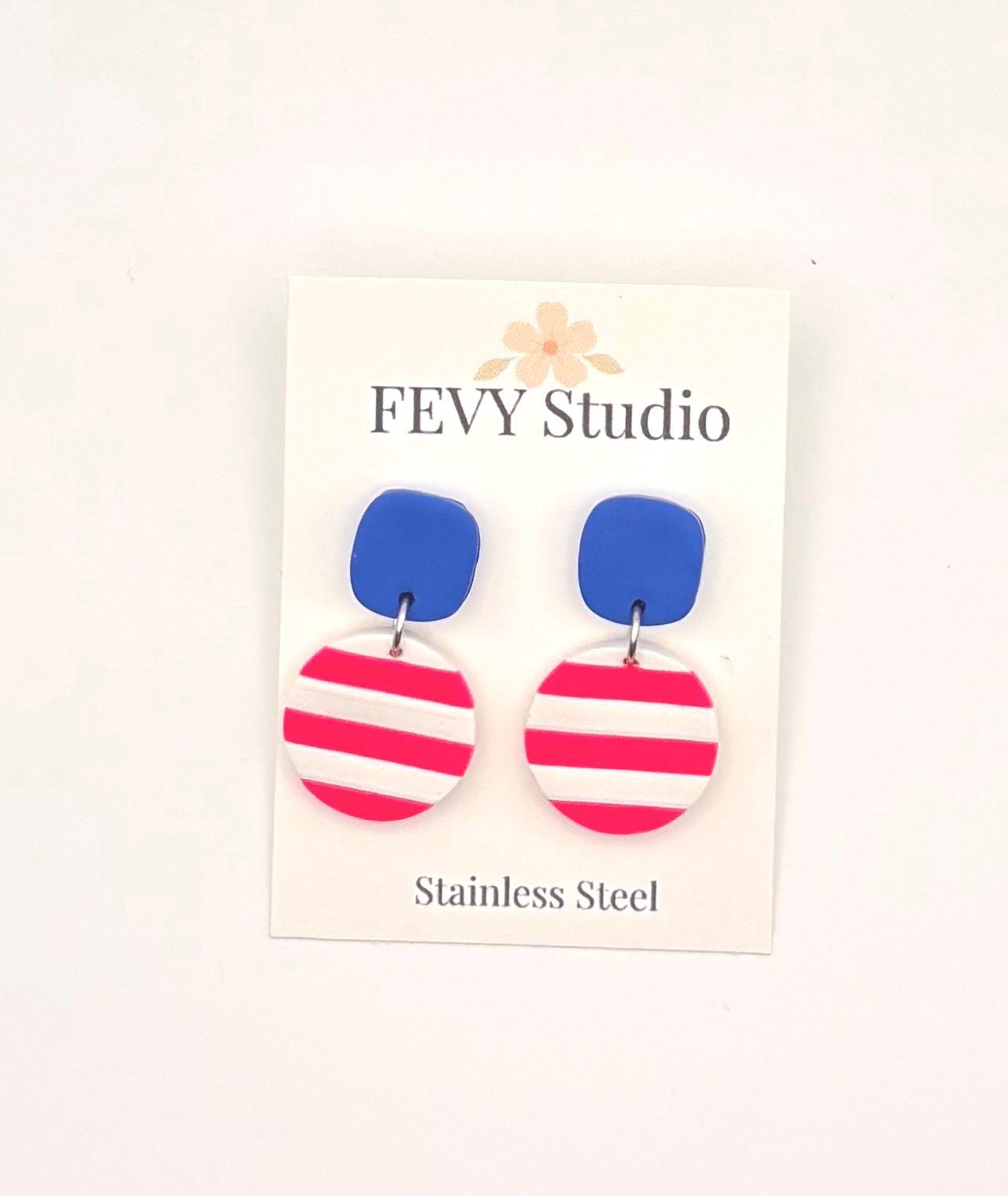 Coastal Chic Earrings, Handmade Striped Polymer Clay Dangles, Lightweight Summer Jewelry, Bold Statement Earrings for Women