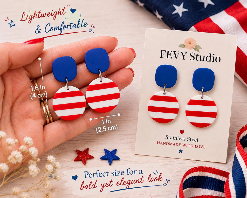 Patriotic Red White Blue Earrings | 4th of July Earrings | Independence Day Jewelry | Handmade Polymer Clay Dangle Earrings