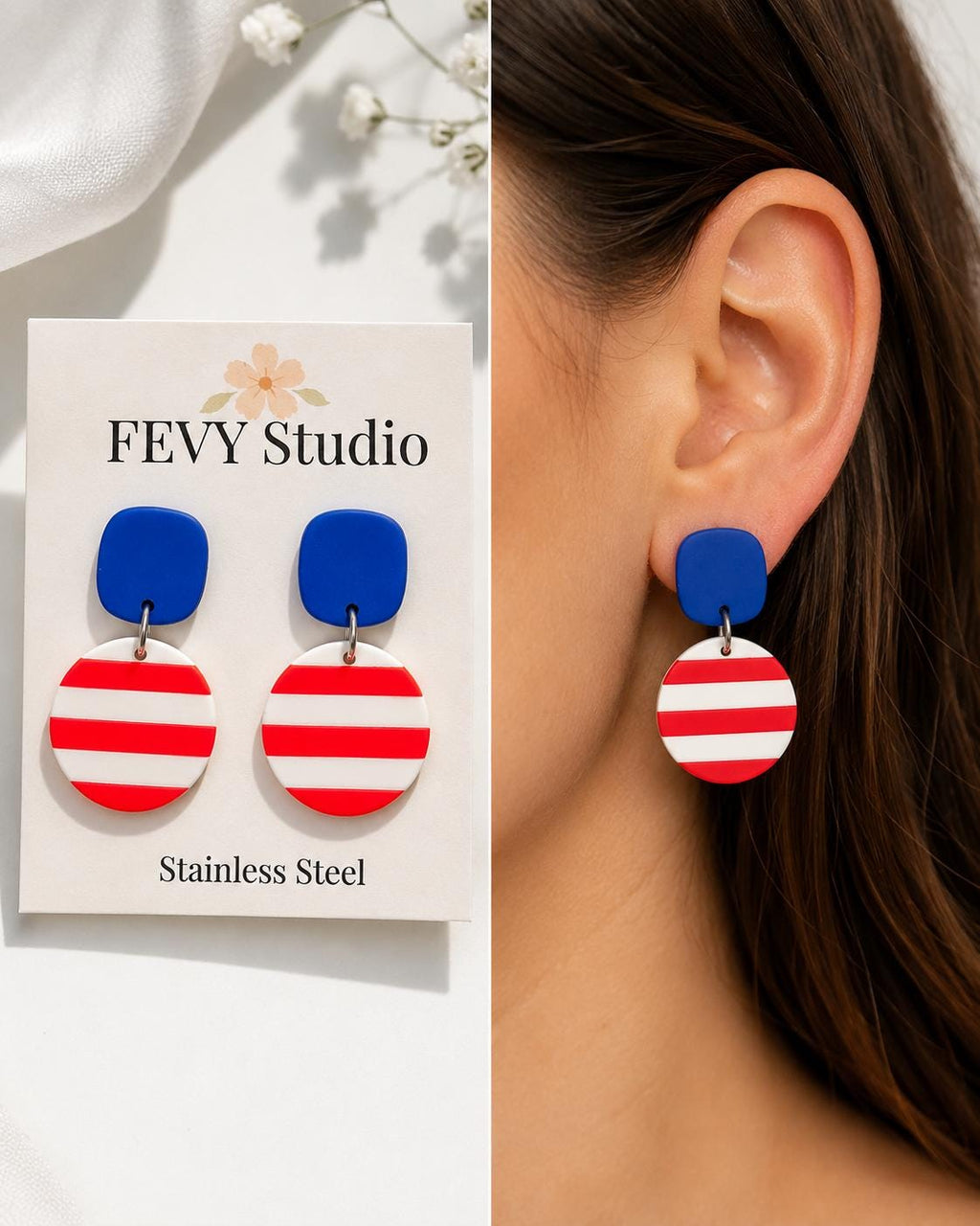 Patriotic Earrings for Women | 4th of July Earrings | Red White Blue Jewelry | Handmade Clay Dangle Earrings