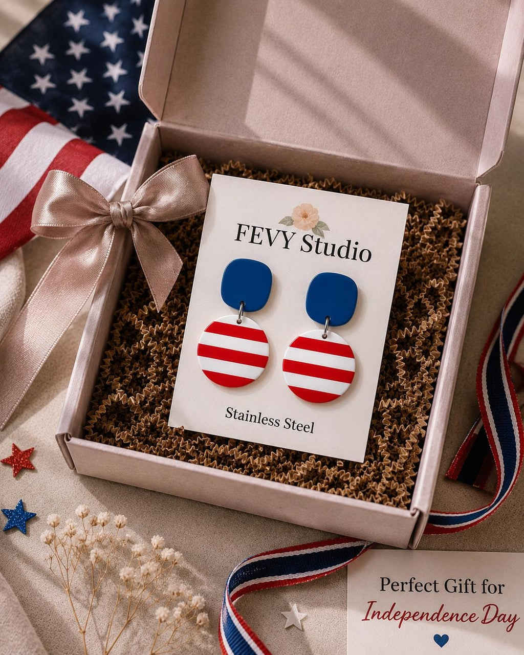 Patriotic Earrings for Women | 4th of July Earrings | Red White Blue Jewelry | Handmade Clay Dangle Earrings