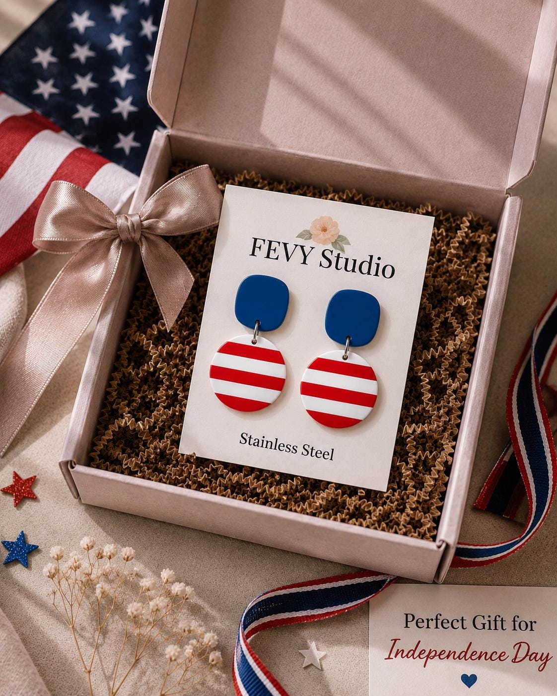 Patriotic Red White Blue Earrings | 4th of July Earrings | Independence Day Jewelry | Handmade Polymer Clay Dangle Earrings