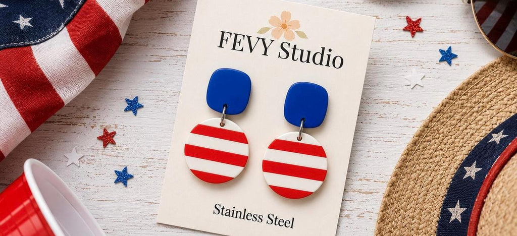 Patriotic Earrings for Women | 4th of July Earrings | Red White Blue Jewelry | Handmade Clay Dangle Earrings
