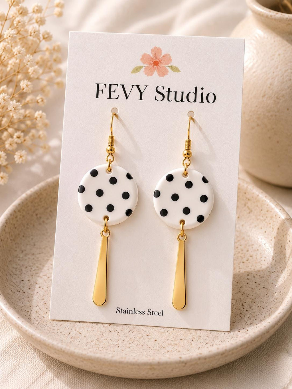 Black and White Polka Dot Earrings | Handmade Polymer Clay Dangle Earrings | Lightweight Statement Earrings | Gold Stainless Steel Hooks