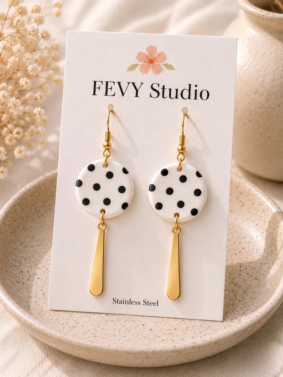 Black and White Polka Dot Earrings | Handmade Polymer Clay Dangle Earrings | Lightweight Statement Earrings | Gold Stainless Steel Hooks