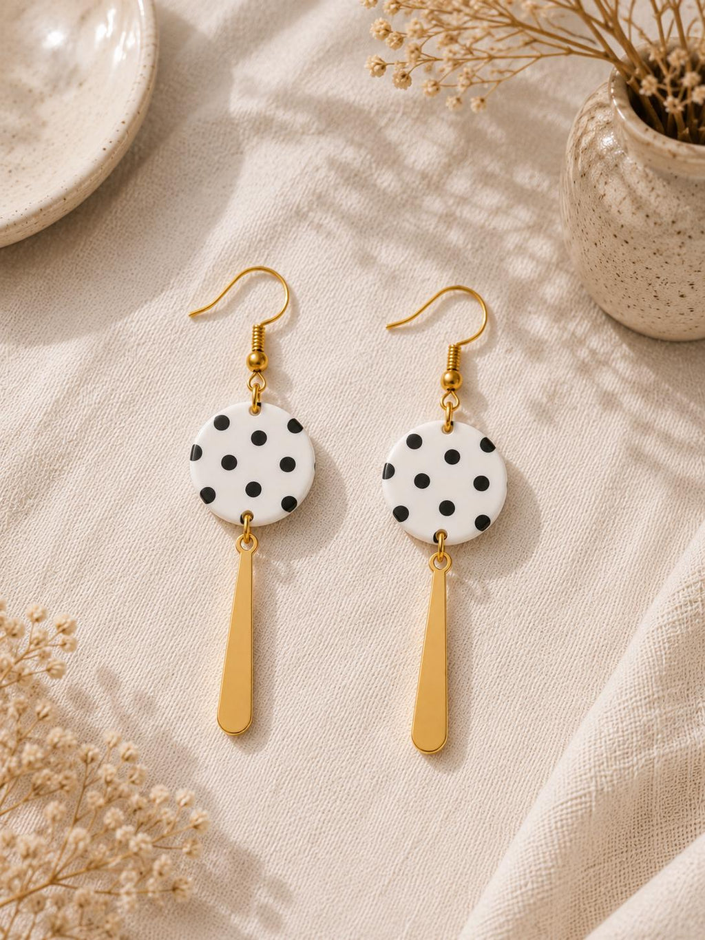 Black and White Polka Dot Earrings | Handmade Polymer Clay Dangle Earrings | Lightweight Statement Earrings | Gold Stainless Steel Hooks