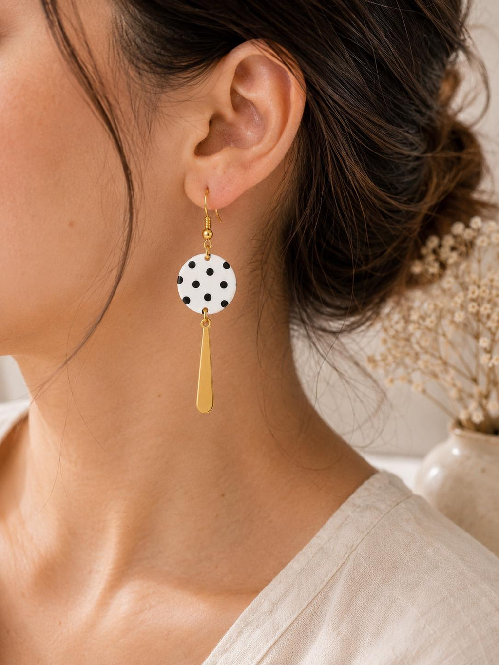 Black and White Polka Dot Earrings | Handmade Polymer Clay Dangle Earrings | Lightweight Statement Earrings | Gold Stainless Steel Hooks