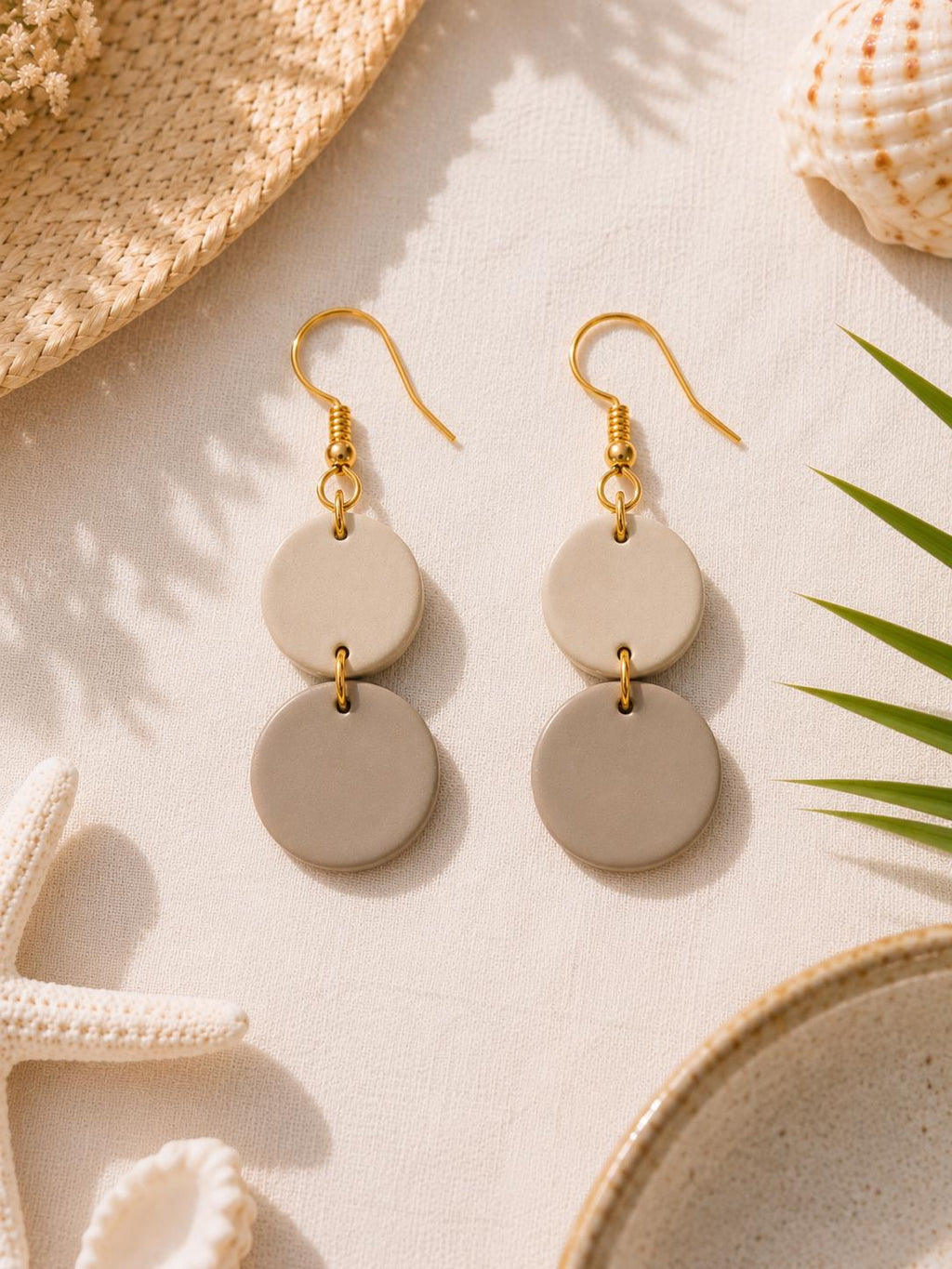 Beige Double Circle Earrings, Neutral Polymer Clay Earrings, Lightweight Dangle Earrings, Minimalist Boho Jewelry for Women