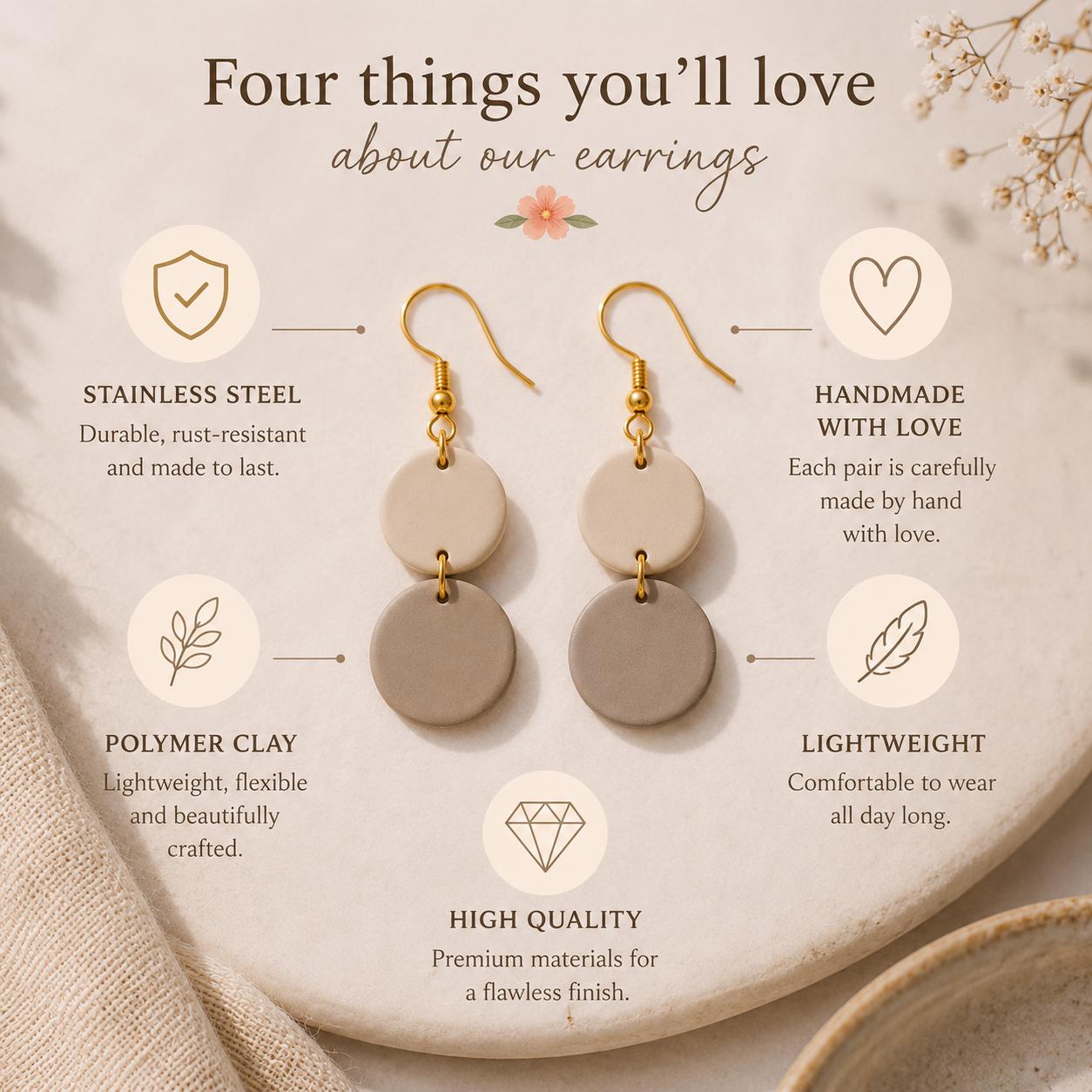 Beige Double Circle Earrings, Neutral Polymer Clay Earrings, Lightweight Dangle Earrings, Minimalist Boho Jewelry for Women