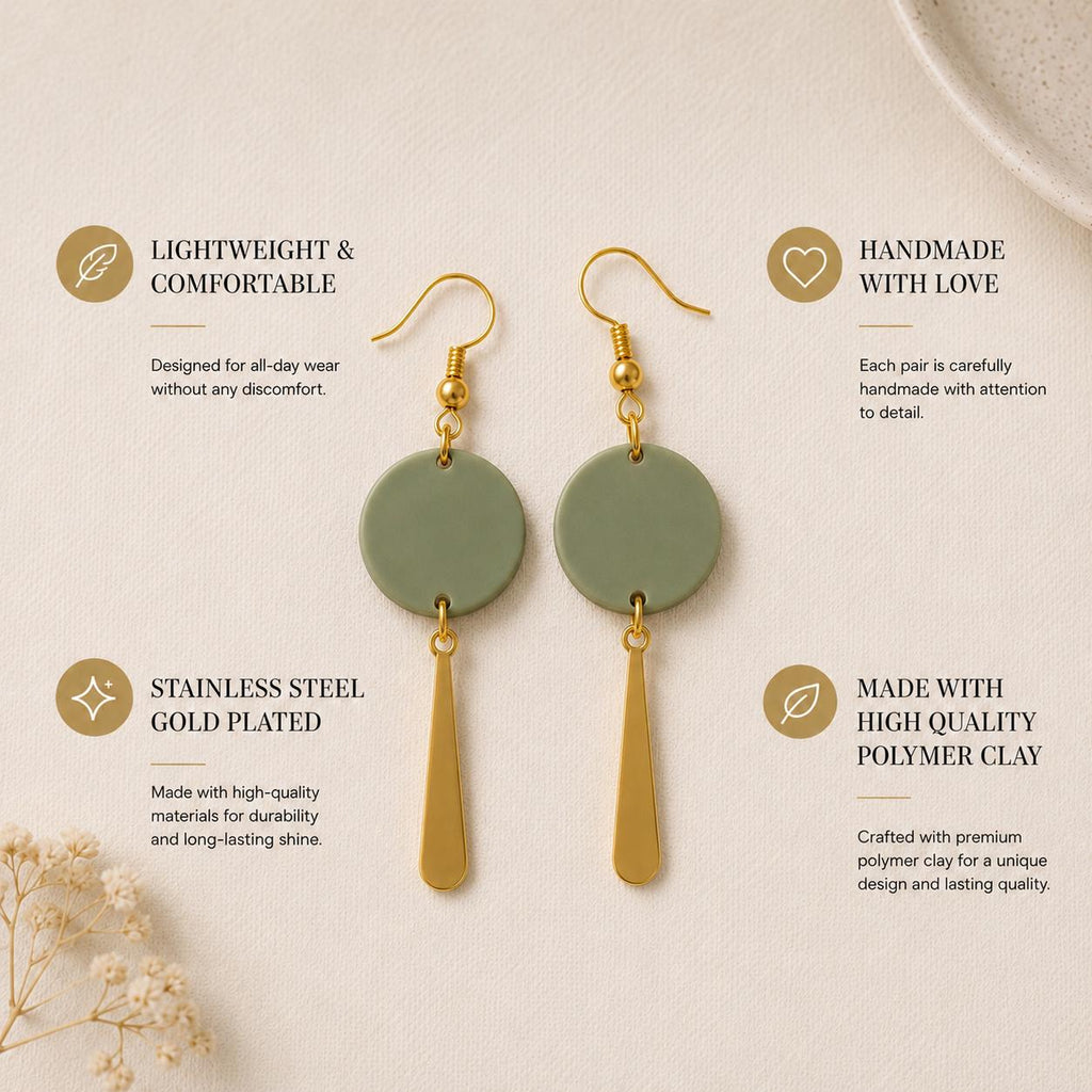 Polymer Clay Earrings, Gold Dangle Earrings, Lightweight Earrings, Sage Green Ivory Dusty Rose Terracotta Earrings