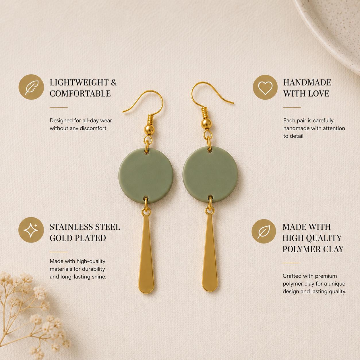 Polymer Clay Earrings, Gold Dangle Earrings, Lightweight Earrings, Sage Green Ivory Dusty Rose Terracotta Earrings