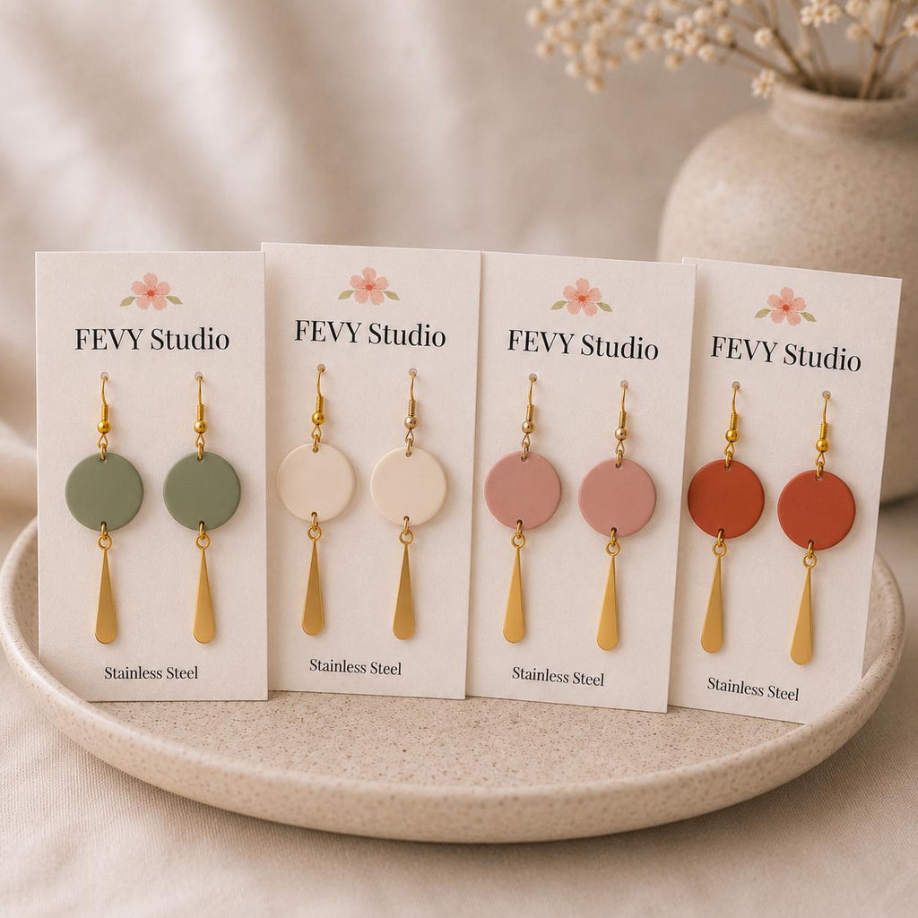 Polymer Clay Earrings, Gold Dangle Earrings, Lightweight Earrings, Sage Green Ivory Dusty Rose Terracotta Earrings