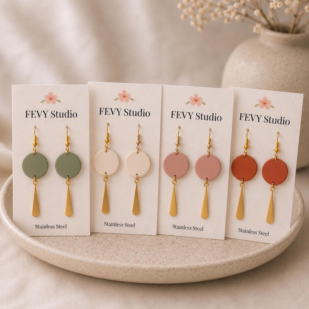 Polymer Clay Earrings, Gold Dangle Earrings, Lightweight Earrings, Sage Green Ivory Dusty Rose Terracotta Earrings
