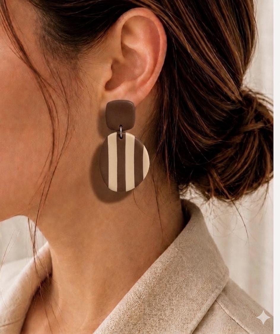Handmade Polymer Clay Earrings, Dark Chocolate Brown and Beige Striped Studs, Minimalist Geometric Modern Statement Earrings, Gift for Her