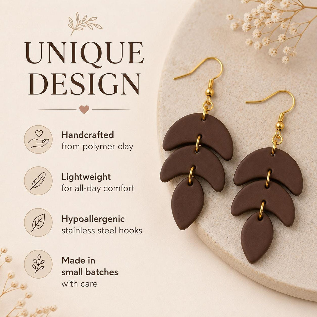 Brown Boho Statement Earrings, Handmade Polymer Clay Dangle Earrings, Lightweight Gift for Her