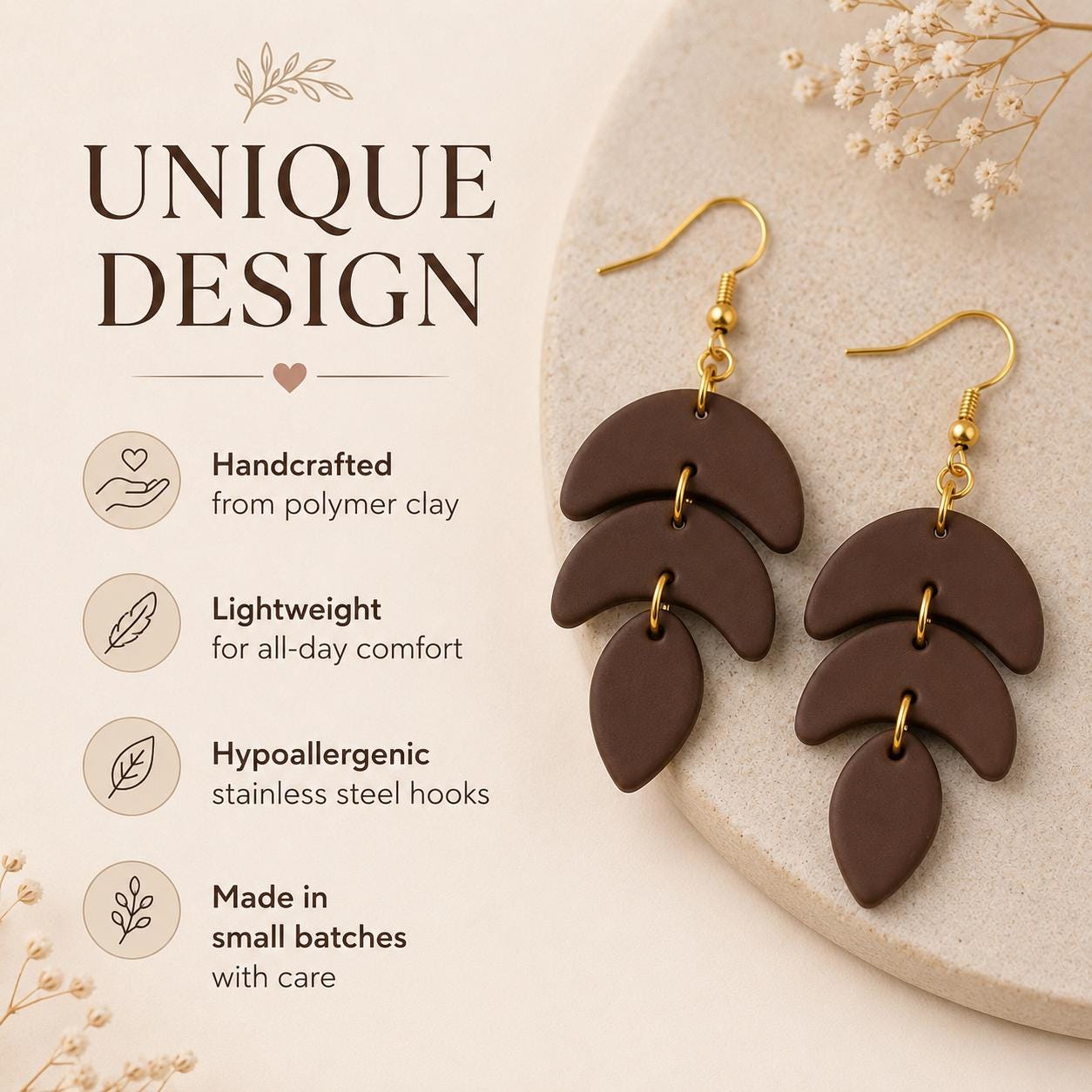 Brown Boho Statement Earrings, Handmade Polymer Clay Dangle Earrings, Lightweight Gift for Her