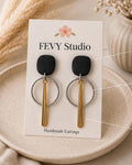 Geometric Dangle Earrings, Black Polymer Clay Earrings, Gold Bar Earrings, Modern Statement Jewelry, Lightweight Handmade Gift for Women