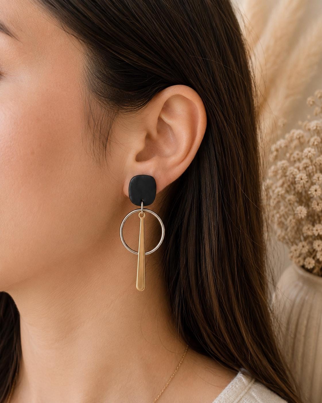 Geometric Dangle Earrings, Black Polymer Clay Earrings, Gold Bar Earrings, Modern Statement Jewelry, Lightweight Handmade Gift for Women