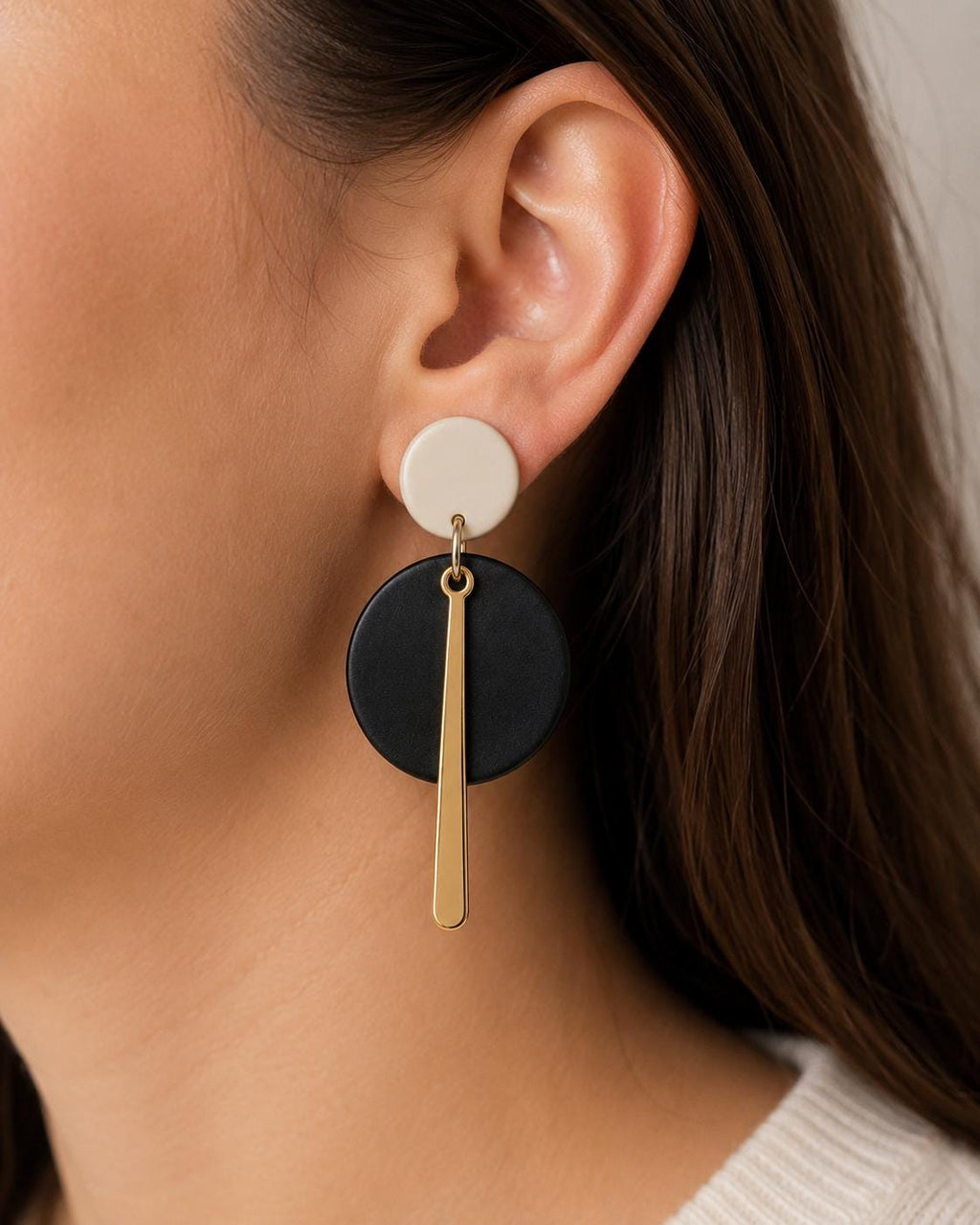 Black White Statement Earrings, Modern Geometric Dangle Earrings, Handmade Polymer Clay Jewelry, Gold Accent Earrings, Minimalist Gift for