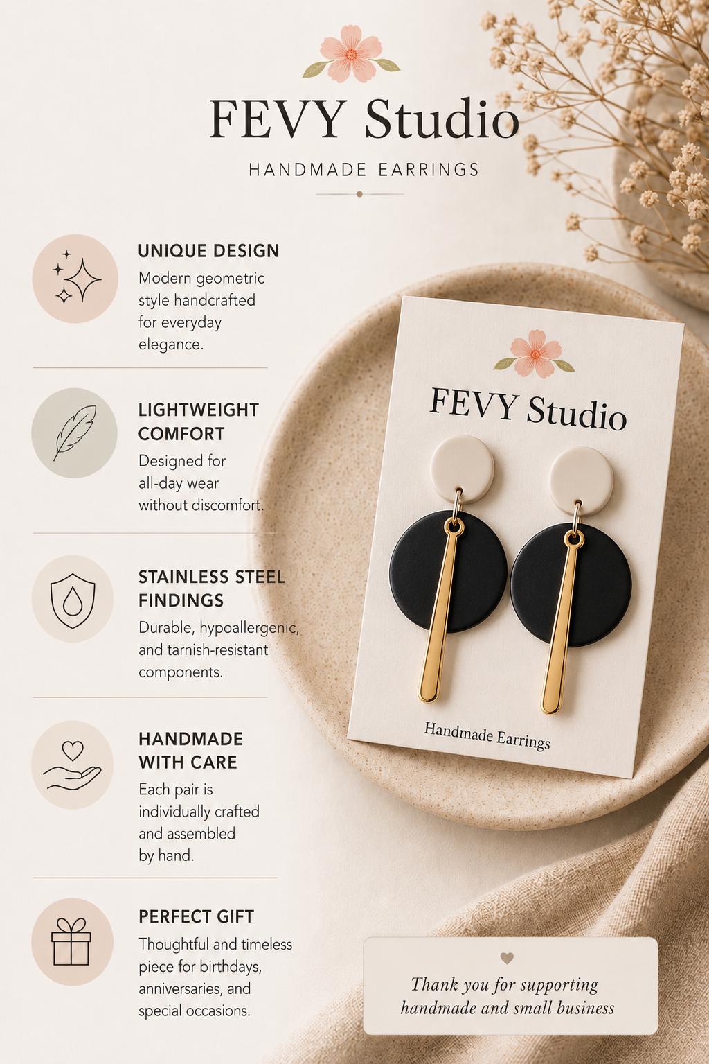 Black White Statement Earrings, Modern Geometric Dangle Earrings, Handmade Polymer Clay Jewelry, Gold Accent Earrings, Minimalist Gift for