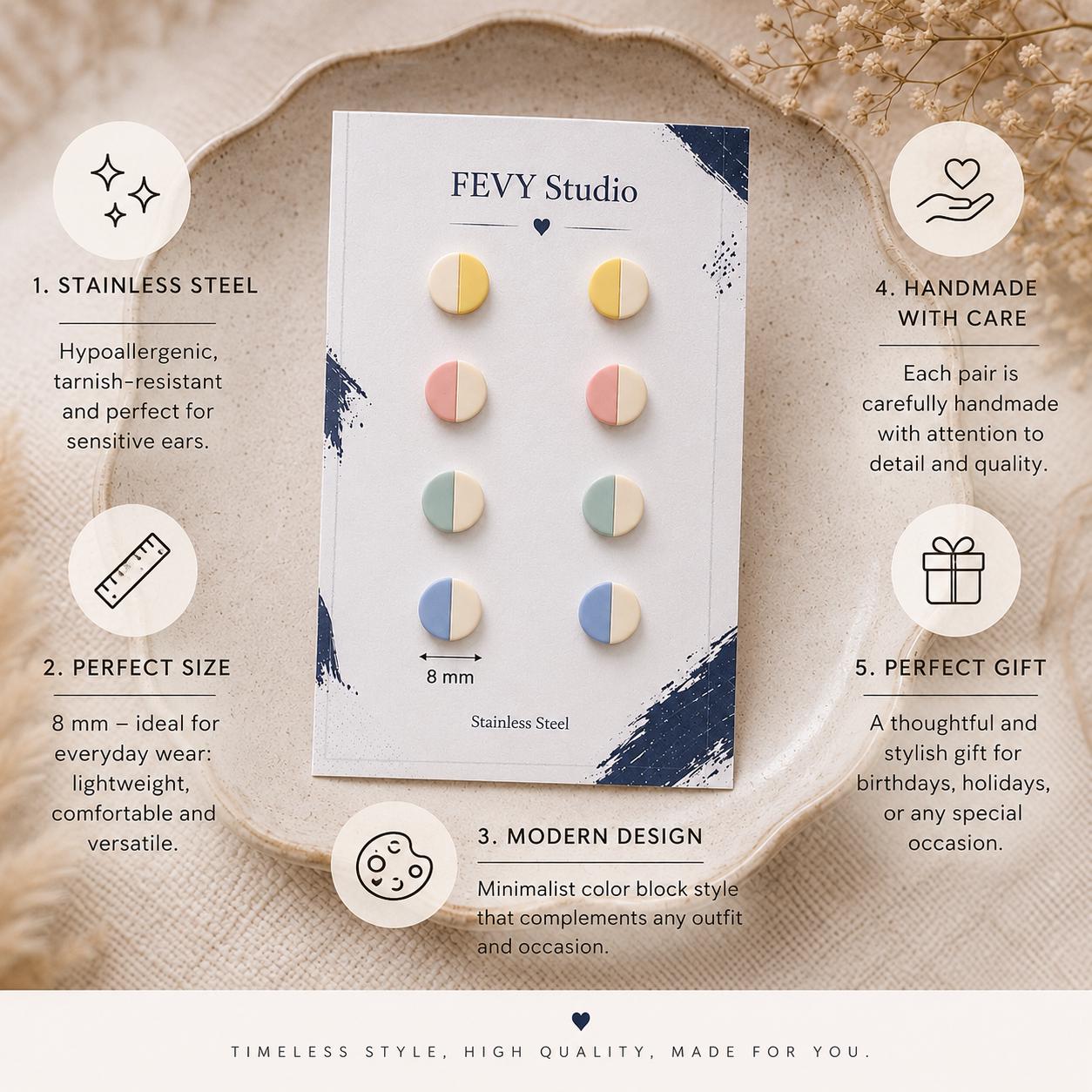 Minimalist Pastel Color Block Stud Earrings Set | Polymer Clay, Stainless Steel Posts (8mm)