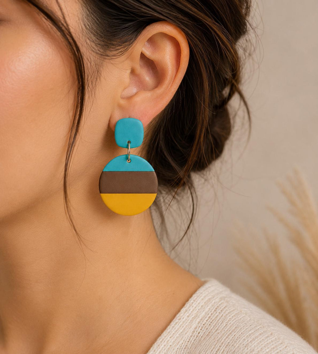 Turquoise Polymer Clay Earrings | Modern Color Block Statement Dangle Earrings
