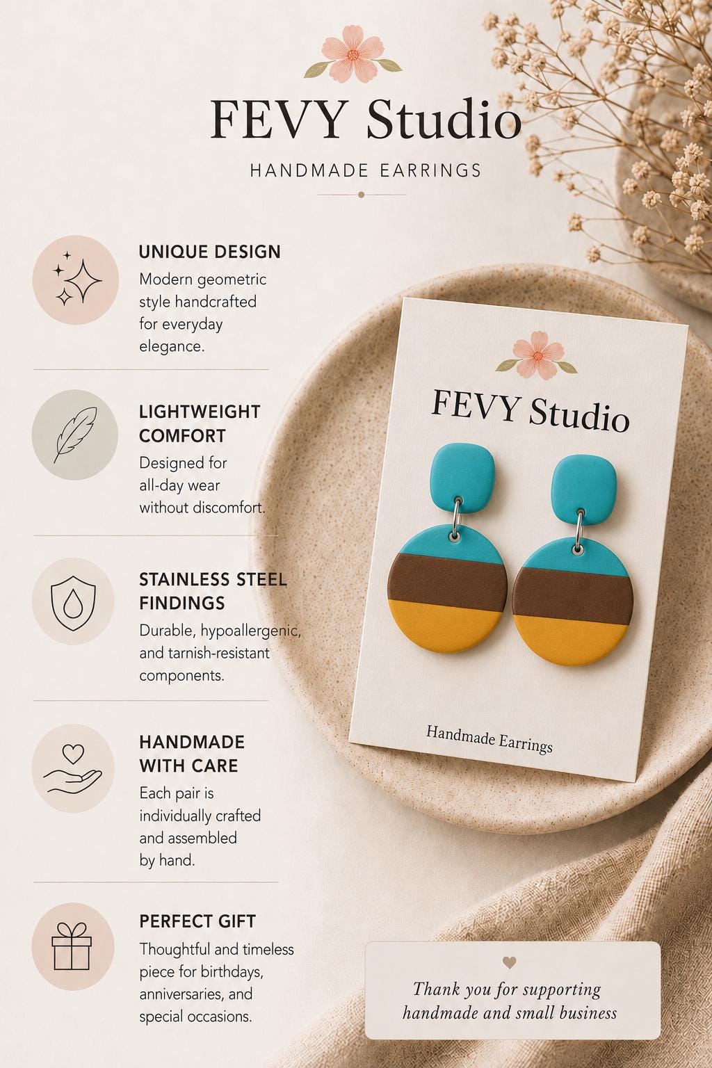 Turquoise Polymer Clay Earrings | Modern Color Block Statement Dangle Earrings