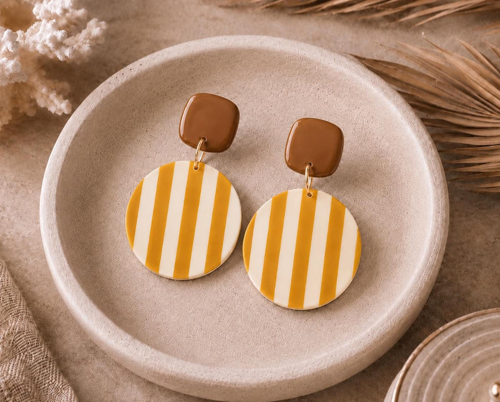 Mustard Yellow Brown Stripe Polymer Clay Earrings, Retro Boho Statement Dangles