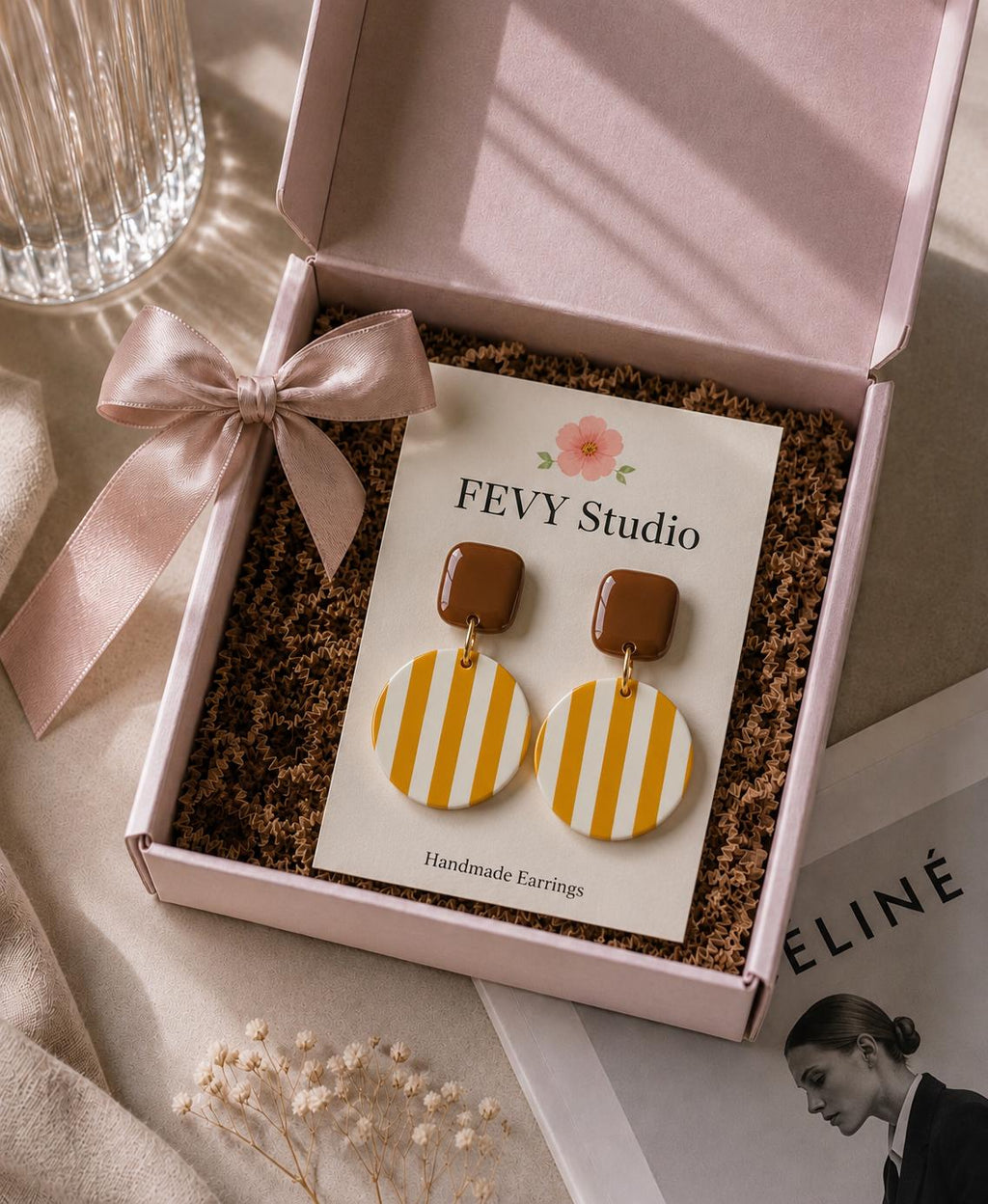 Mustard Yellow Brown Stripe Polymer Clay Earrings, Retro Boho Statement Dangles
