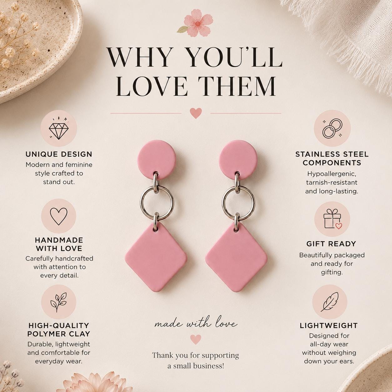 Blush Pink Geometric Dangle Earrings, Modern Polymer Clay Statement Jewelry