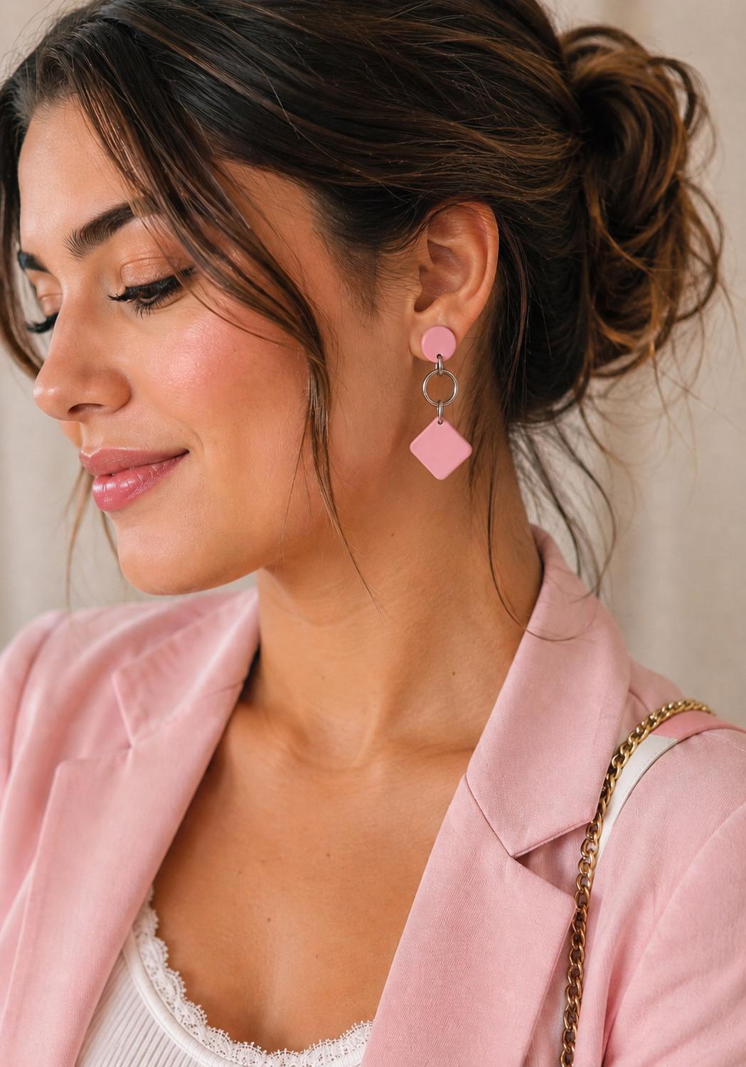 Blush Pink Geometric Dangle Earrings, Modern Polymer Clay Statement Jewelry