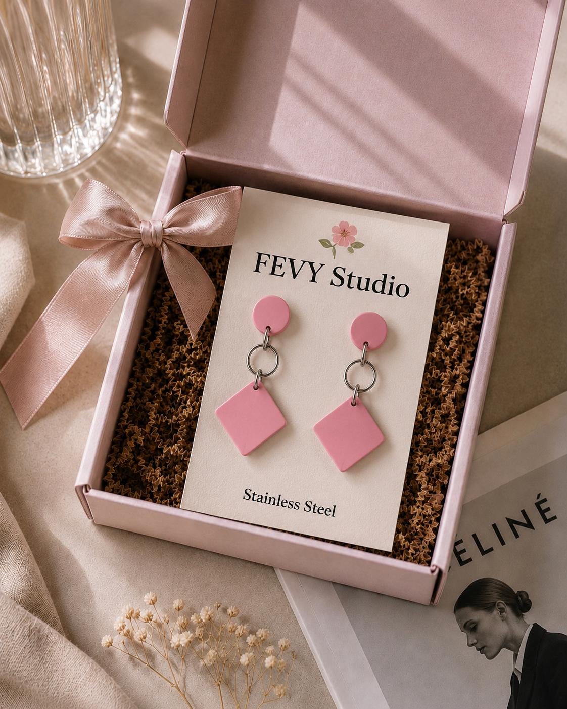 Blush Pink Geometric Dangle Earrings, Modern Polymer Clay Statement Jewelry