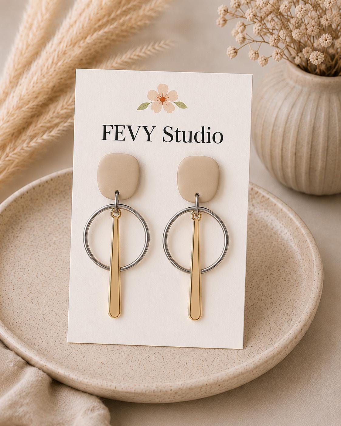 Beige Gold Geometric Dangle Earrings | Handmade Polymer Clay Statement Jewelry