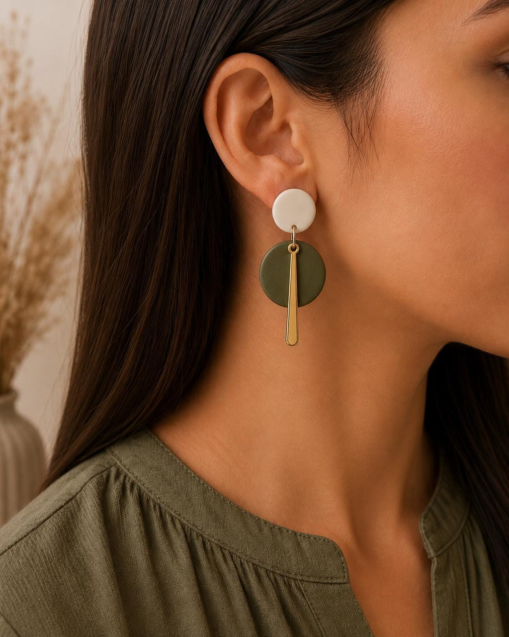 Olive Green White Geometric Earrings | Handmade Polymer Clay Dangle Statement Jewelry