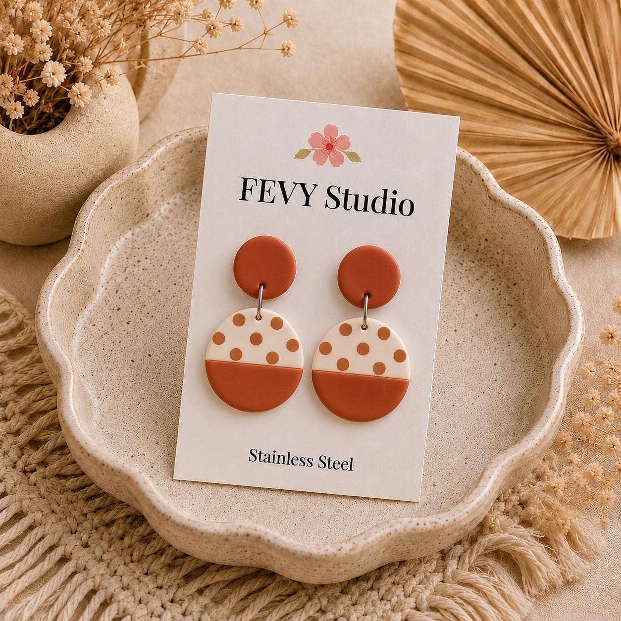 Terracotta Polka Dot Earrings | Handmade Polymer Clay Earrings | Lightweight Dangle Earrings | Stainless Steel Earrings | Gift for Her