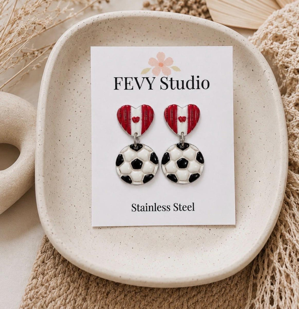 Canada Soccer Earrings, Football Earrings, Handmade Polymer Clay Earrings, Game Day Jewelry, Canadian Fan Gift