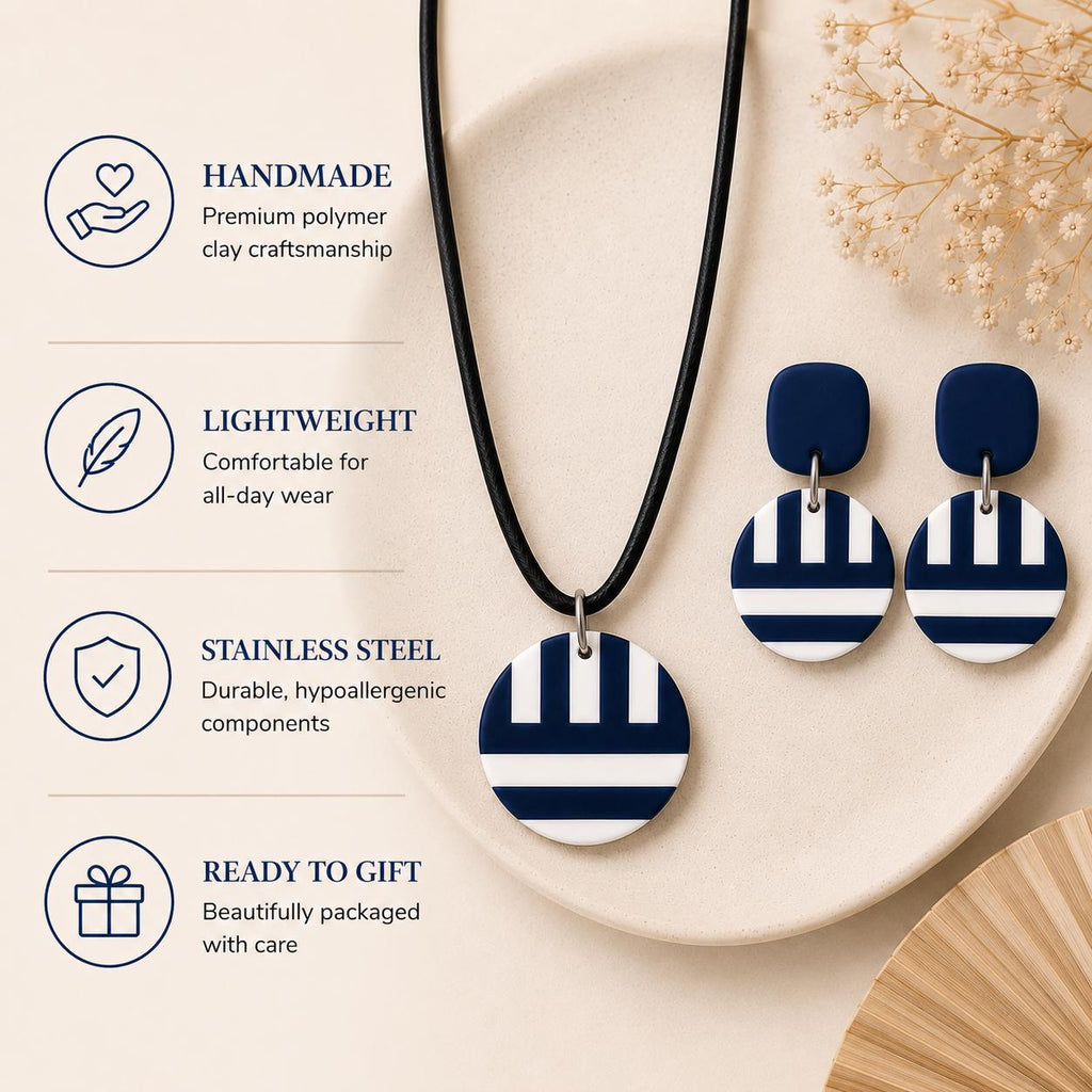 Nautical Navy Blue & White Statement Earrings | Handmade Polymer Clay Earrings | Lightweight Coastal Jewelry | Stainless Steel Posts