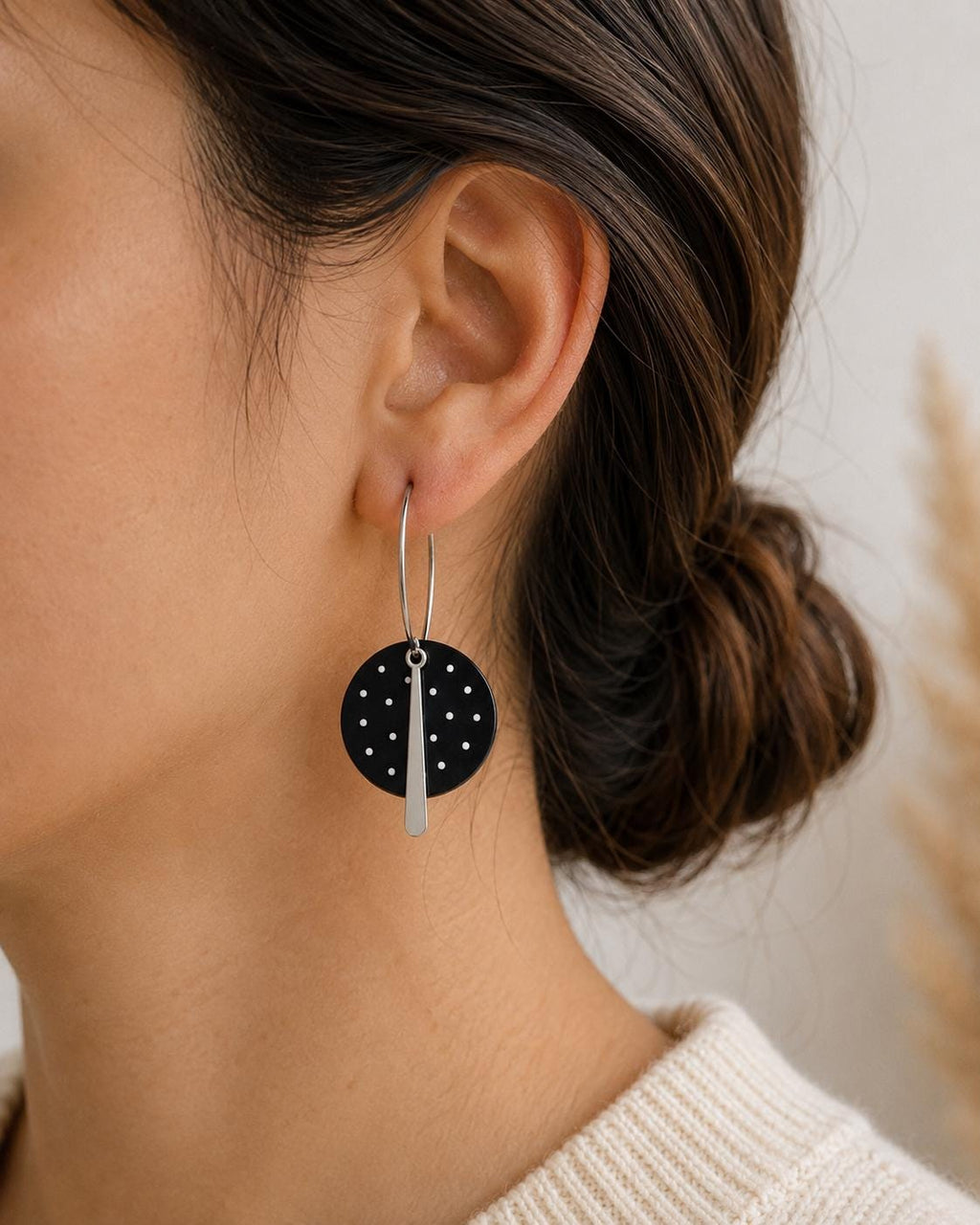 Black White Polka Dot Earrings, Lightweight Polymer Clay Earrings, Stainless Steel Hoop Earrings, Modern Dangle Earrings, Minimalist Gift