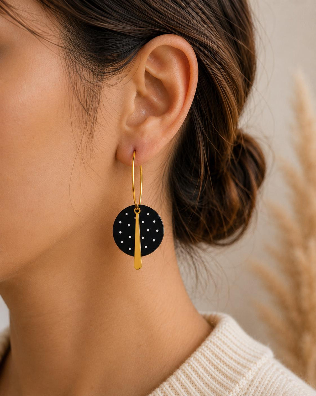 Black White Polka Dot Earrings, Lightweight Polymer Clay Earrings, Stainless Steel Hoop Earrings, Modern Dangle Earrings, Minimalist Gift