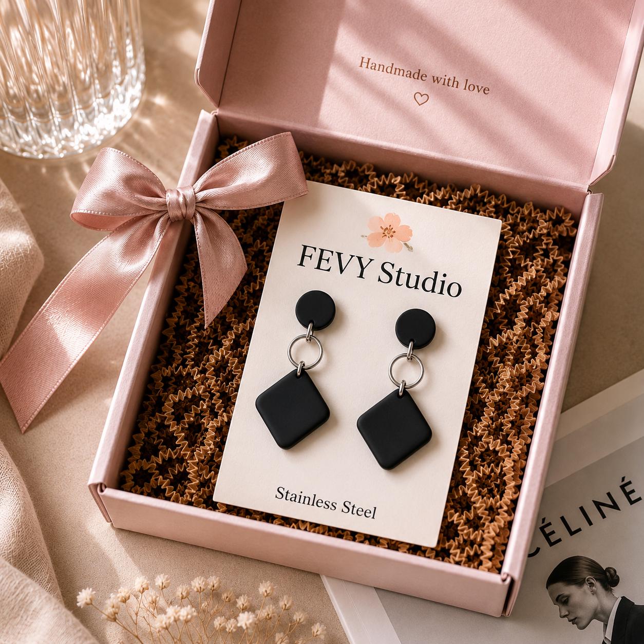 Black Geometric Polymer Clay Earrings, Lightweight Handmade Earrings, Stainless Steel Dangle Earrings, Minimalist Modern Jewelry Gift