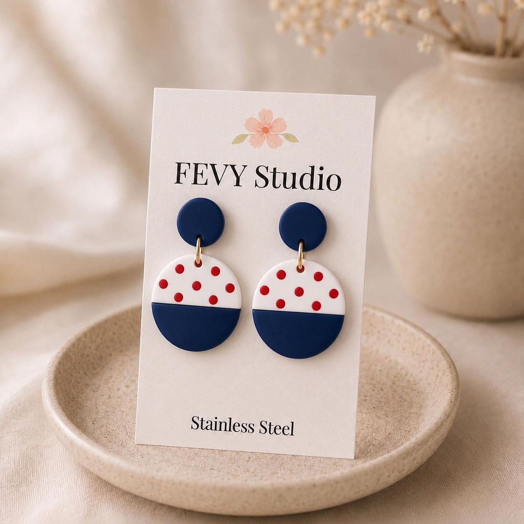Patriotic Polka Dot Earrings, Red White Blue Earrings, Handmade Polymer Clay Earrings, Lightweight Dangle Earrings, USA Jewelry Gift