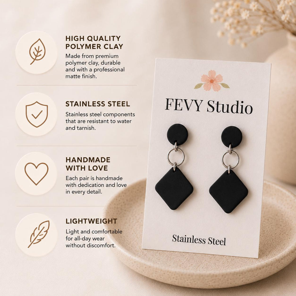 Black and White Stripe Polymer Clay Earrings, Geometric Dangle Earrings, Lightweight Statement Earrings, Stainless Steel Earrings, Handmade